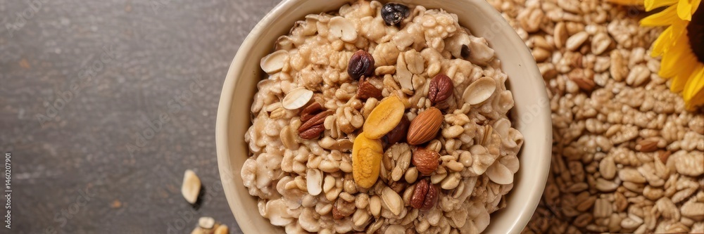 Close-up of oatmeal with granola, maple syrup, sunflower seeds , delicious, autumn, wholesome Close-up of oatmeal with granola, maple syrup, sunflower seeds , delicious, autumn, wholesome