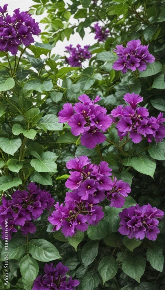 Fototapeta premium Close-up, vivid purple flowers; rich green leaves against pure white , art, blossom