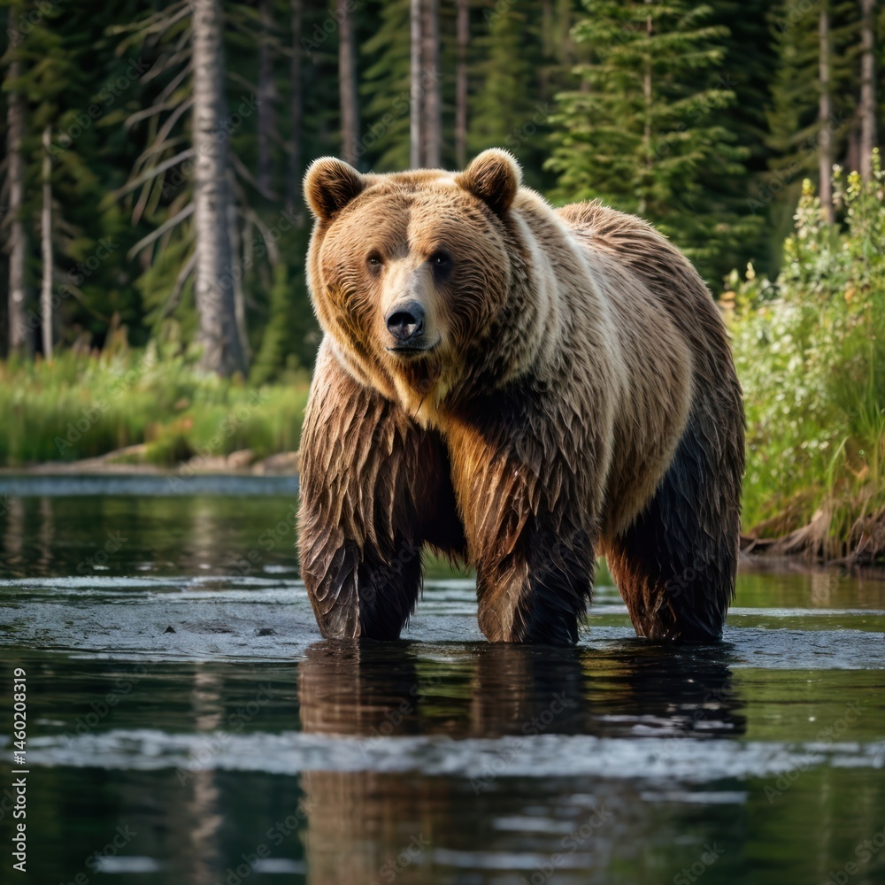 Fototapeta premium Grizzly bear wading in shallow water