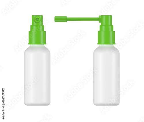 Spray throat bottle mockup with green nozzle and white container for oral medical and cosmetic product packaging design. 