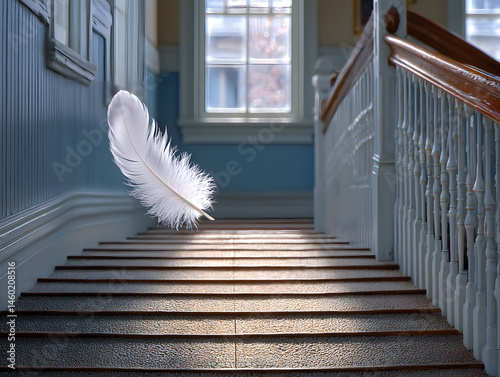 Feather drifting down a staircase mid-fall light 