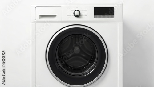 Detailed shot of a white washing machine focusing on the door and the top control area, highlighting the clean lines and features of the appliance