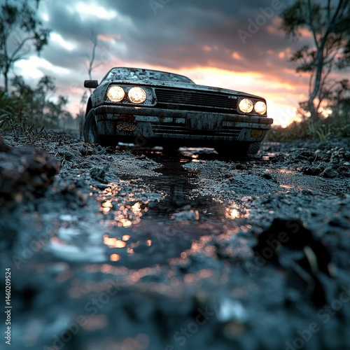 Post-apocalyptic scene with abandoned cars and cracked road, sun setting in the background