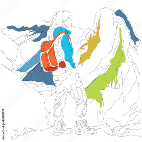 One line drawing girl is hiking in the mountains. Travel, vacation, holidays and adventure. Nature landscape. Continuous line draw design graphic vector illustration