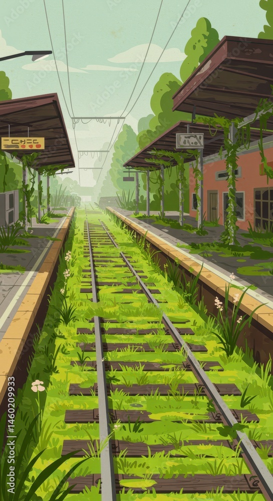 Obraz premium Abandoned Train Station Overgrown by Nature