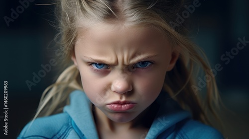 Portrait of angry child frowning and showing displeasure photo