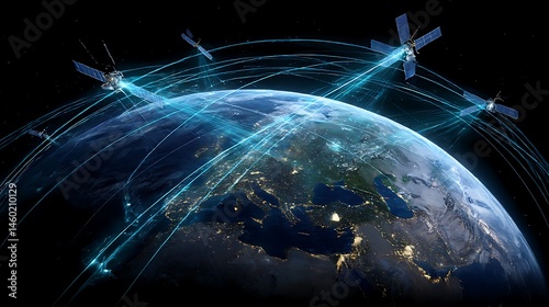 A view of earth with satellites orbiting and light beams connecting to the surface
