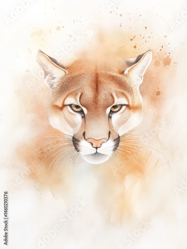 Mountain Lion Face Watercolor on Neutral Background
