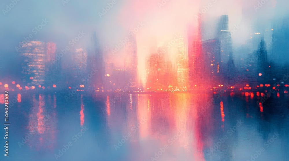 Fototapeta premium Blurred cityscape reflection in soft colors.