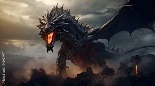 Massive Dark-Scaled Dragon Roaring in a Stormy Volcanic Canyon
