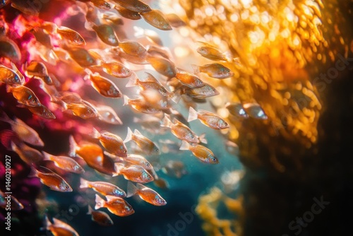 A school of small, orange fish swim near vibrant kelp in a sunlit underwater scene. photo