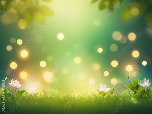 Beautiful Spring Green Leaf Blurred Nature Bokeh Lights Background with Copy Space