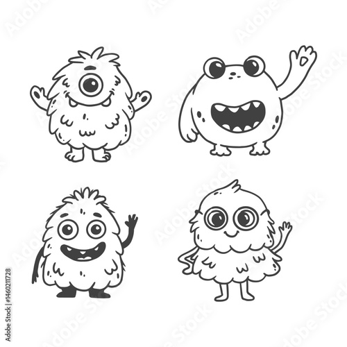 set of cartoon monsters. Cute monsters doodle. Kids funny character design for posters, cards, magazins. Line. Vector illustration