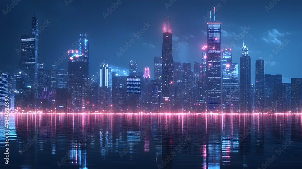 Obraz premium Futuristic cityscape skyline reflected in water at night.