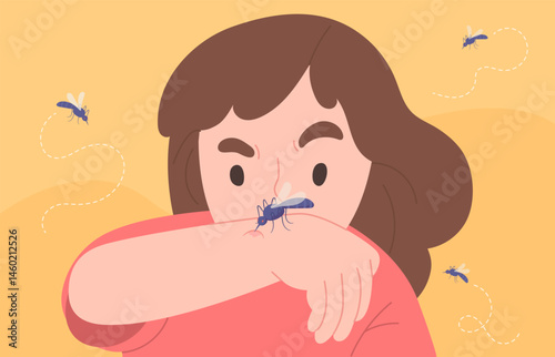 Woman looking at hand with red irritated mosquito bite with mosquitos frying around. Swelling and itch mark. Vector illustration for medical, allergy, insect, prevention, Dengue fever, malaria virus.