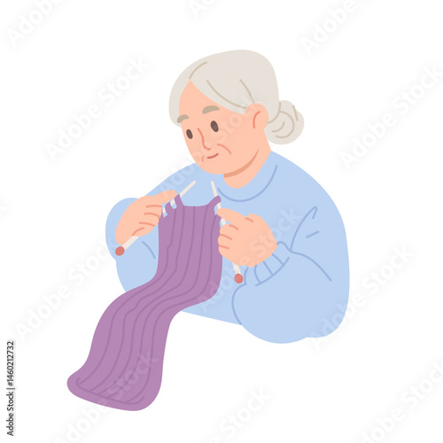 Elderly grandma wearing warm sweater is peacefully knitting isolated on white background. Flat vector character for life at home, hobby, relaxation. Making knit scarf or sweater for loved one.