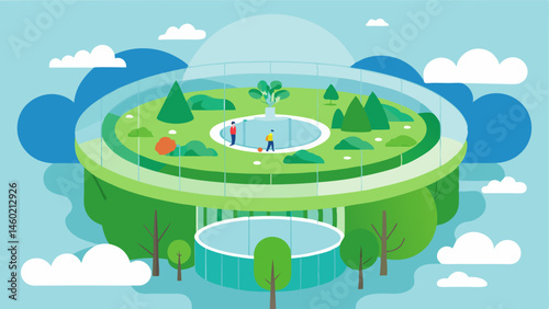 Sky Garden A sprawling green park floats amid a of circular buildings that resemble garden domes with large glass walls that allow sunlight to pour in. Lush trees and vibrant