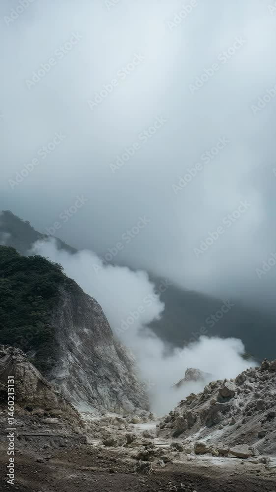 Misty volcanic landscape featuring jagged rock formations, lush vegetation, and geothermal steam rising through heavy fog in a mountainous terrain. Misty volcanic landscape featuring jagged rock formations, lush vegetation, and geothermal steam rising through heavy fog in a mountainous terrain.