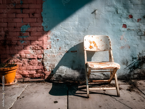 Folded chair leaning against brick wall