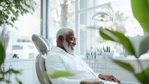 A Smiling Elderly Man Sitting in a Dental Chair at a Modern Dental Clinic Enjoying His Visit