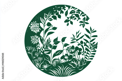 This minimalistic circular logo showcases the elegance of nature with flat-color illustrations of green plants and flowers set against a crisp white background, creating a fresh visual identity