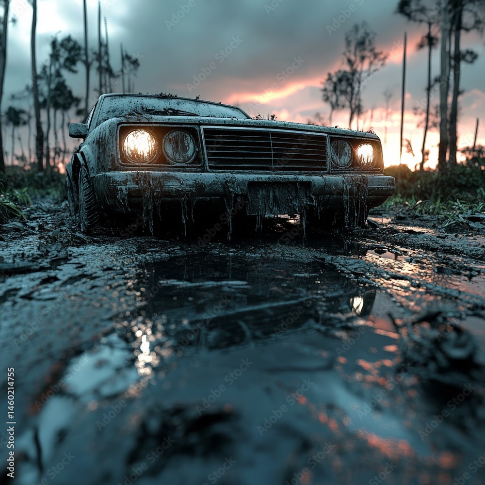 Post-apocalyptic scene with abandoned cars and cracked road, sun setting in the background