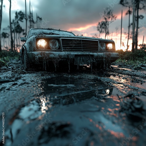 Obraz na płótnie Post-apocalyptic scene with abandoned cars and cracked road, sun setting in the background w salonie