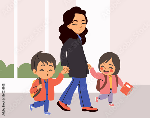 Cartoon illustration of a cheerful boy heading to school accompanied by his mother and sister. Vector drawing family scene showcasing everyday parenting and sibling relationships