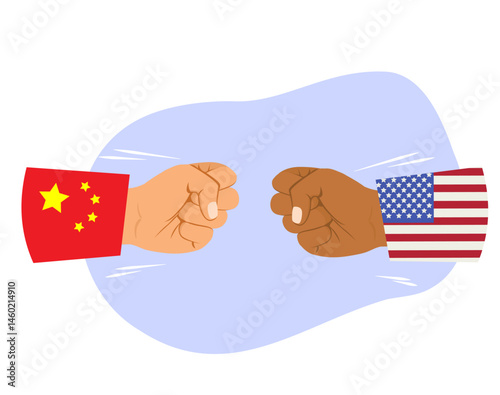 Cartoon illustration of two fists with USA and China flags clashing, symbolizing import tariffs and trade conflict. Vector drawing metaphor for international business and economic tension