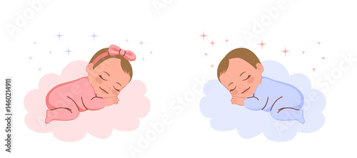 Cartoon illustration of a baby girl and boy peacefully sleeping on a cloud with pink and blue accents. Vector drawing for gender reveal, newborn themes and bedtime designs