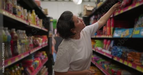 Latina woman fully extending arm to grab item from high shelf while shopping in grocery store aisle filled with snack products and drinks