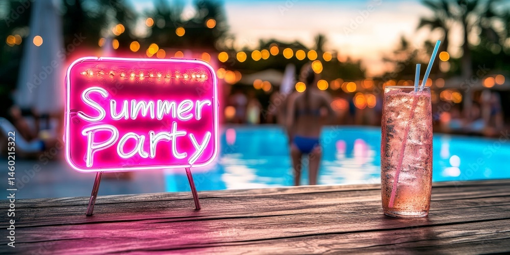 Neon Summer Party sign glowing at a vibrant poolside party