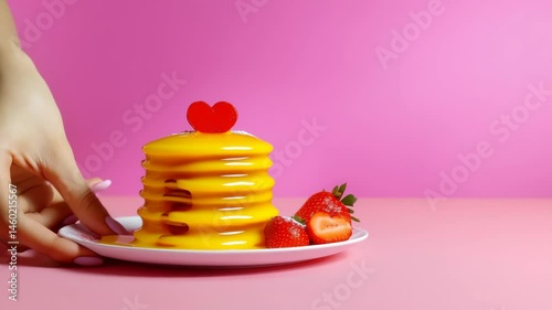 Indulge in Delicious Pancakes topped with Sweet, Syrupy Goodness and Fresh Strawberries