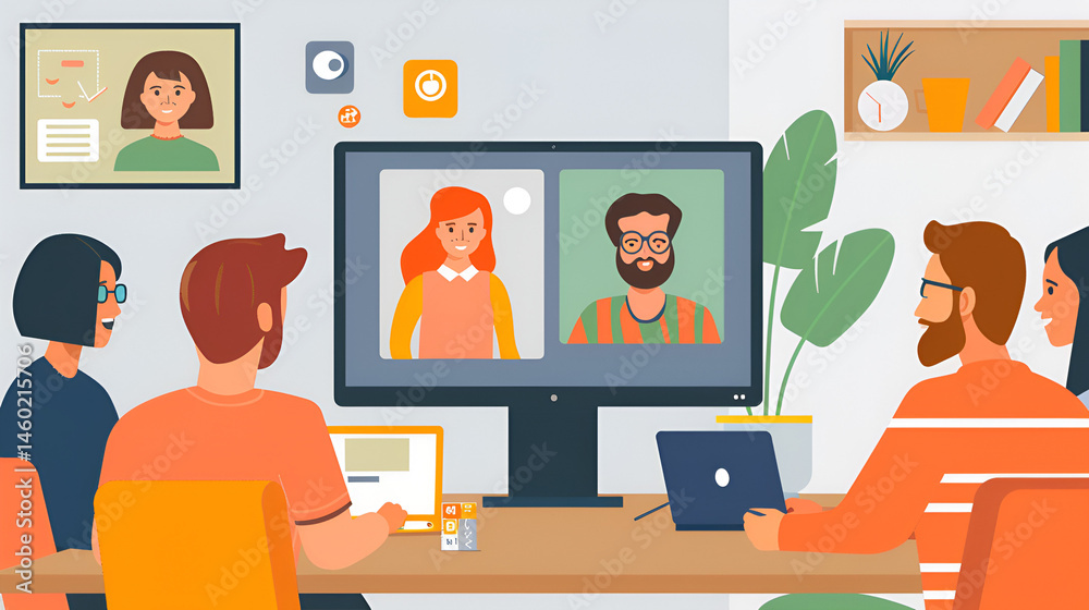 Team meeting in office watching video call on large screen with two people on the screen together now Team meeting in office watching video call on large screen with two people on the screen together now