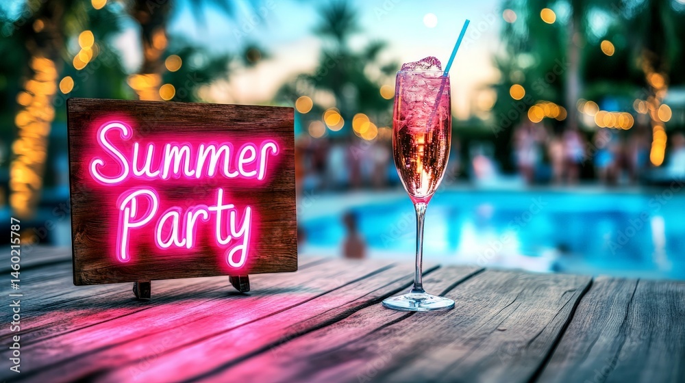 Neon Summer Party sign glowing at a vibrant poolside party