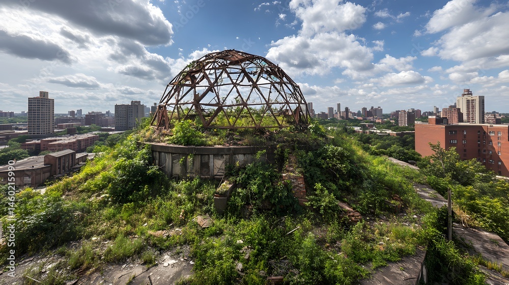 Fototapeta premium Ruined dome structure overgrown with vegetation overlooking cityscape.