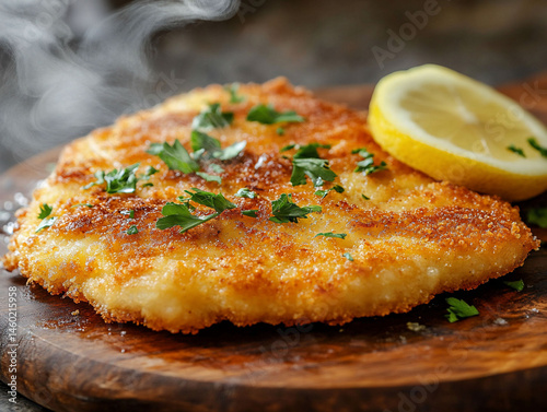 Crispy golden schnitzel with lemon and parsley on wooden board culinary delight