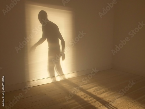 Wallpaper Mural Mysterious shadow figure projected in an empty interior with golden light Torontodigital.ca