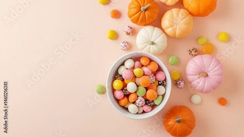 A Vibrant and Colorful Arrangement Featuring Halloween Candy Alongside Mini Pumpkins