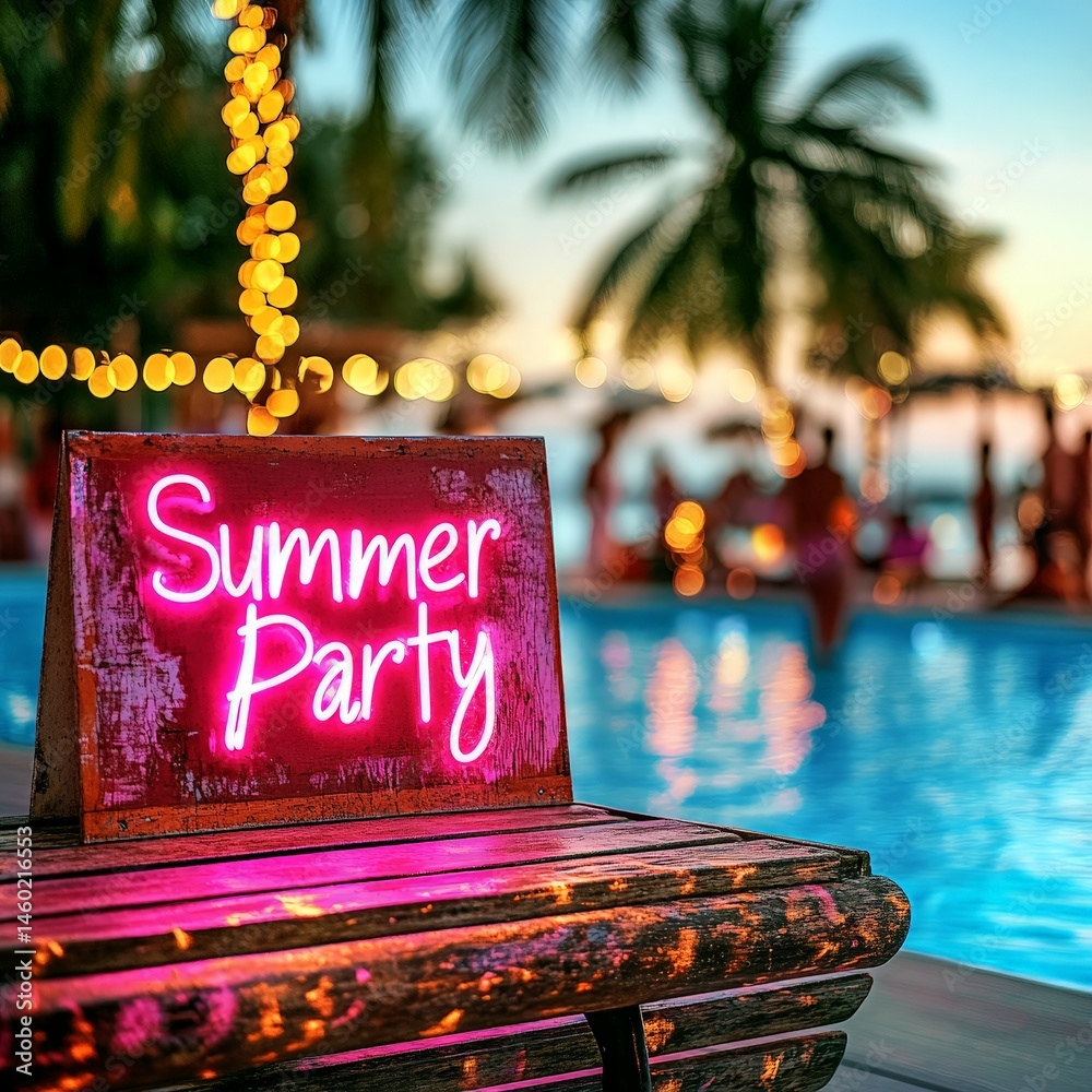 Neon Summer Party sign glowing at a vibrant poolside party