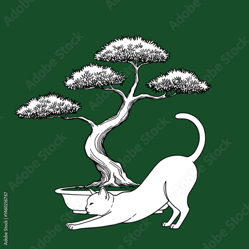 Stylized cat stretching beside a bonsai tree in a minimalist design
