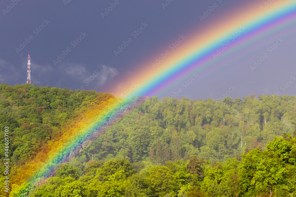 A spectacular landscape with a rainbow on a hill with green forest