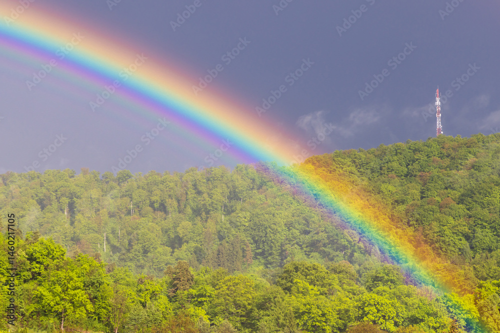 Landscape with a rainbow above a hill with green forest
