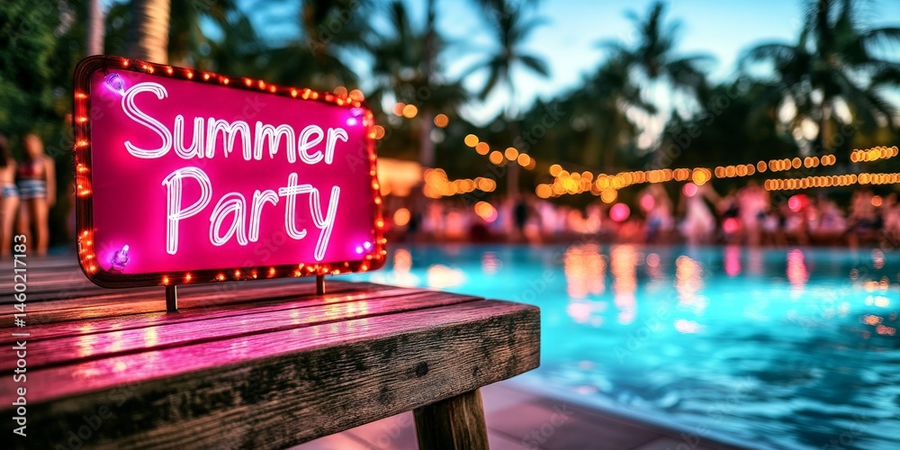 Neon Summer Party sign glowing at a vibrant poolside party