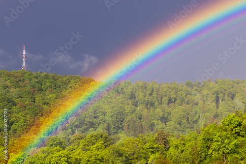 Obraz na płótnie A spectacular landscape with a rainbow on a hill with green forest w salonie