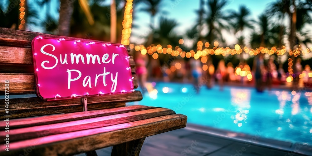Neon Summer Party sign glowing at a vibrant poolside party