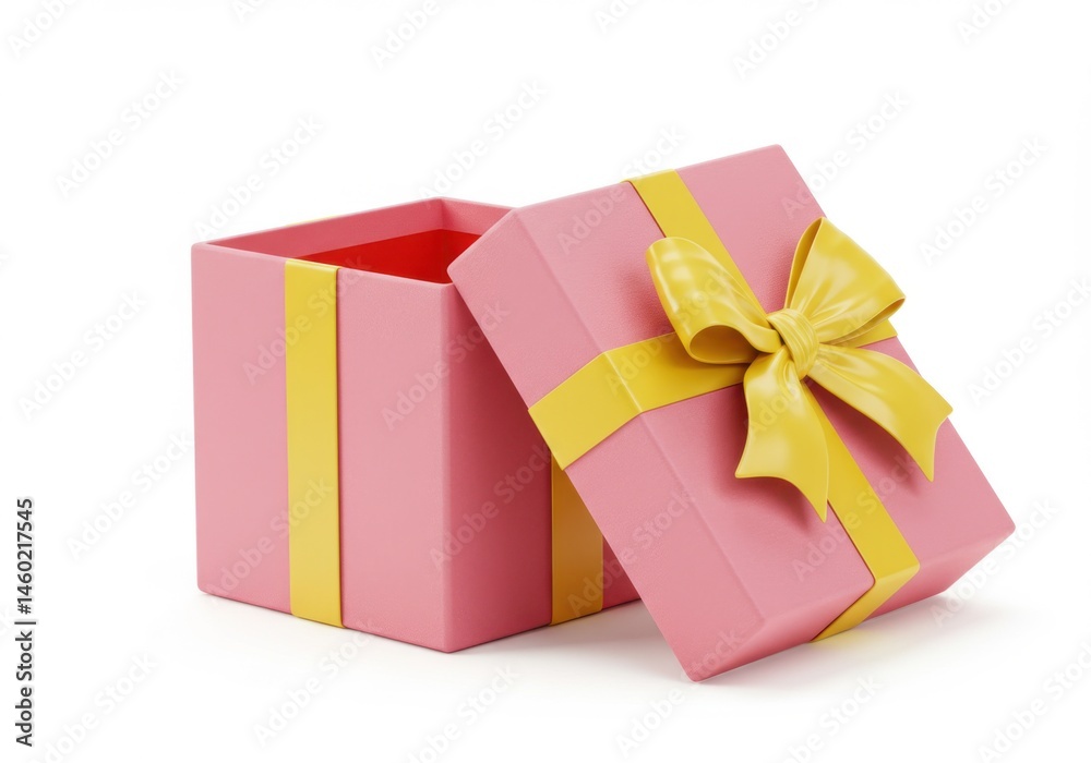 Obraz premium An open pink gift box with a yellow ribbon on a plain white background view