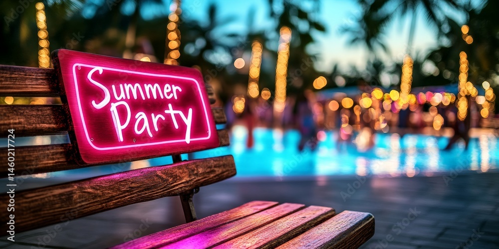 Neon Summer Party sign glowing at a vibrant poolside party