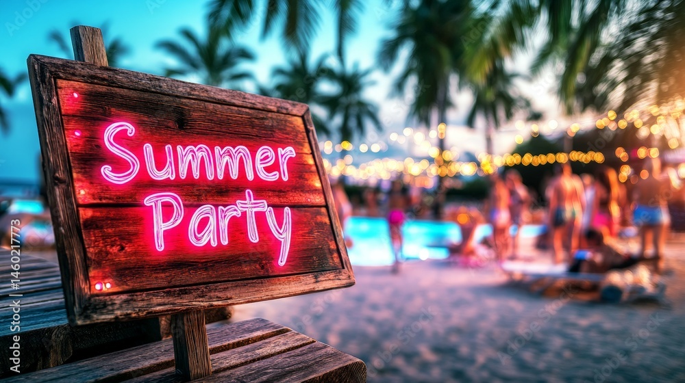 Neon Summer Party sign glowing at a vibrant poolside party