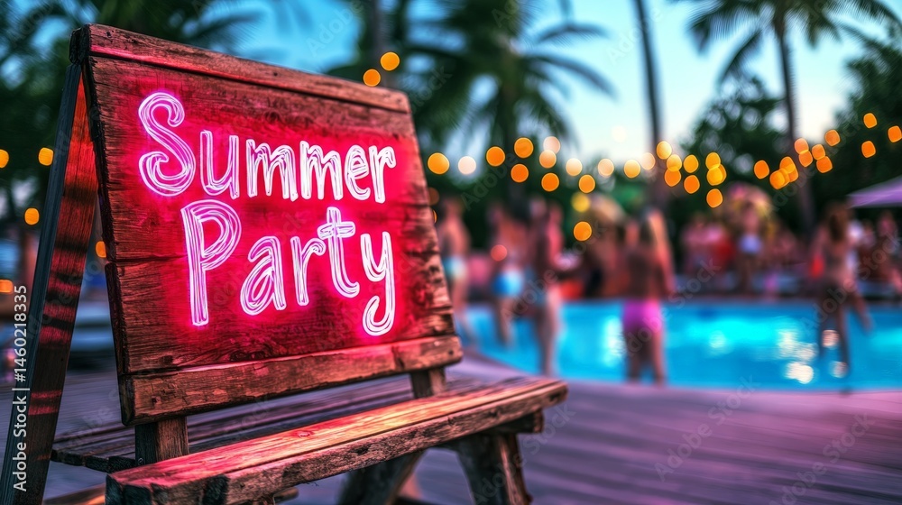 Neon Summer Party sign glowing at a vibrant poolside party